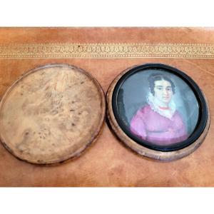 Case Containing The Portrait Of An Elegant Lady - Painted Miniature - Signed Gonin 1819