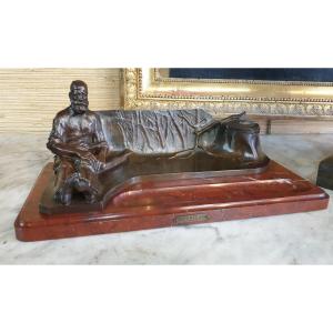 Bronze Inkwell Signed F Chauvet On A Griotte Marble Base