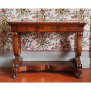 Restoration Console In Walnut And Walnut Veneer With Lyre-shaped Uprights 