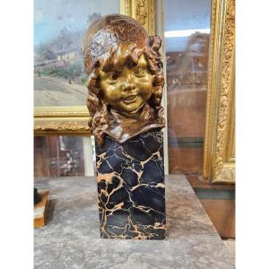 Juan Clará Ayats Face Of A Young Girl In Bronze On A Portor Marble Base