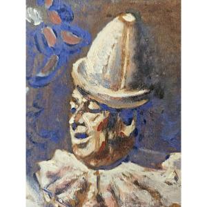 Painting On Wood Representing A White Clown, Circus