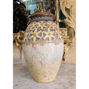 Large Stoneware Vase Signed Mougin Nancy With Crystallization And Chamomile Flower Decor