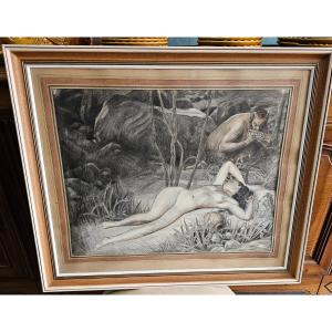 Enhanced Drawing Representing The God Pan Looking At The Goddess Syrinx Signed émile Marie Beaume