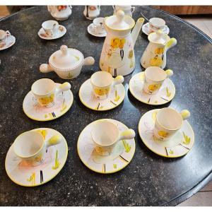 Coffee Service, Decor Of Peynet Lovers, Ceramics From The Cerenne Workshops In Vallauris