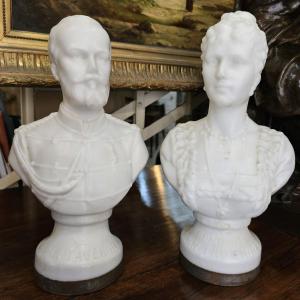 Pair Of Opaline Busts Representing Tsar Nicholas II And Tsarina Alexandra Feodorovna