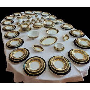 Important Limoges Porcelain Service, Oven Blue And Double Gilding Polished With Agate 