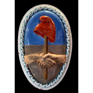 Important Polychrome Ceramic Plaque Decorated With A Phrygian Cap And Symbol Of Brotherhood 