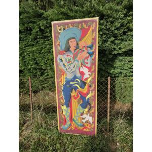 Decorative Theater Panel Depicting A Troubadour Playing The Double Flute