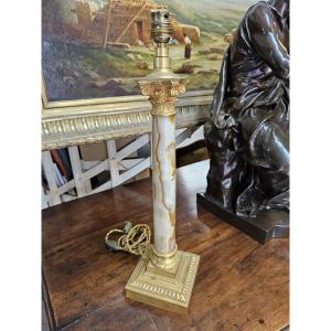Corinthian Column-shaped Lamp Base In Onyx And Gilded Bronze 