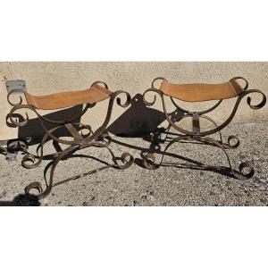 Pair Of Curule-shaped Stools With Leather Seats