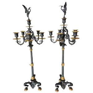 Pair Of Empire-style Candelabra In Bronze, Brass And Patinated Metal