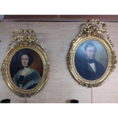 Pair Of Portrait In Beautiful Golden Frames With Ribbon, Auguste Barthélémy Glaize