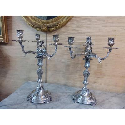 Pair Of Rocaille Candlesticks In Silver Bronze With Three Arms Of Light
