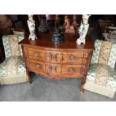 Curved Sauteuse Commode In Front, Louis XV Louis XVI Transition In Walnut Eighteenth Time