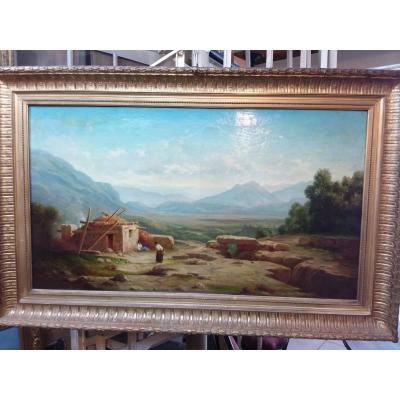 Table Representing A Hilly Landscape, In The Foreground A Ruined House And Characters