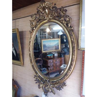 Napoleon III Medallion Mirror In Wood And Golden Stucco
