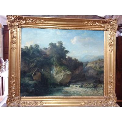 Painting Representing A Landscape, A River In A Rocky Canyon With A Mill