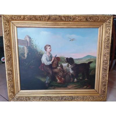 Table Representing A Young Boy With His Dogs In Its Original Frame Sign H Sahut