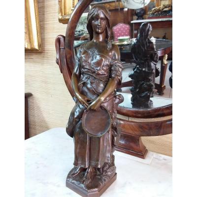 Bronze Subject Representing A Young Woman With A Tambourine After Eugène Marioton Perzinka Background