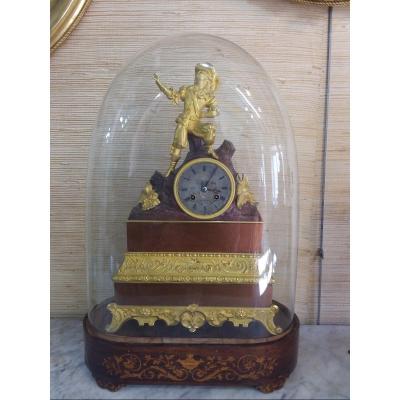 Restoration Clock In Gilt Bronze And Patinated Under Globe