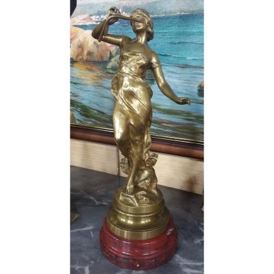 Bronze "young Woman With A Reed" By Julien CaussÉ Bronze Patina On Morello Cherry Marble Base