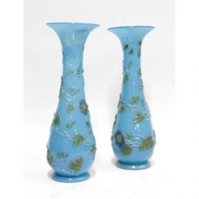 Pair Of Corolle Vases, Bindweed Decor On Blue Opaline Background