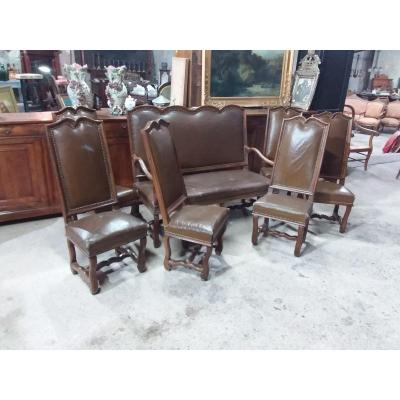 Living Room, Sofa And 6 Louis XIV Style Chairs Bone From The Nineteenth Time