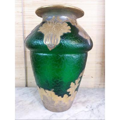 Important Napoleon III Vase Signed Montjoye In Green Frosted Glass, Decor With Silver Tassels