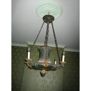 Chandelier In Sheet Metal, Bronze And Regulates Restoration Style, XIXth
