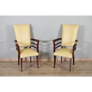 Pair Of Art-deco Mahogany Leather Armchairs