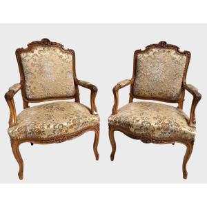 Pair Of Louis XV Style Walnut Armchairs 1900