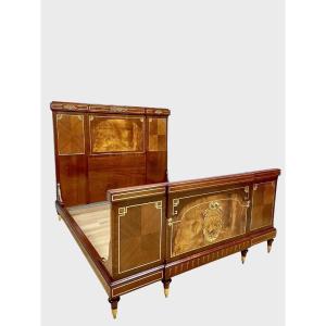 Louis XVI Style Bed With Gilded Bronze Marquetry Faubourg Saint-antoine