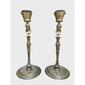 Ferdinand Barbedienne: Pair Of Renaissance Style Candlesticks