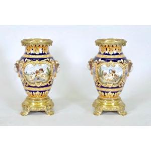 Pair Of Louis XVI Style Vases In Nevers Earthenware