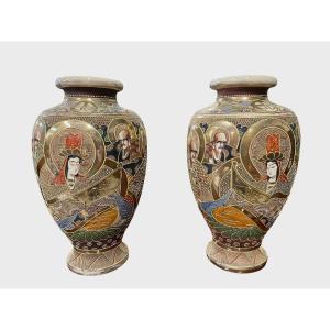Pair Of Satsuma Earthenware Vases