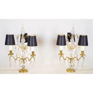 Pair Of Bronze And Glass Chandeliers