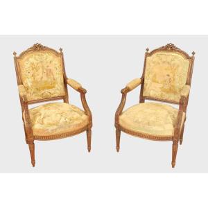 Paire De Fauteuils Style Louis XVI Tapisserie Petit Point