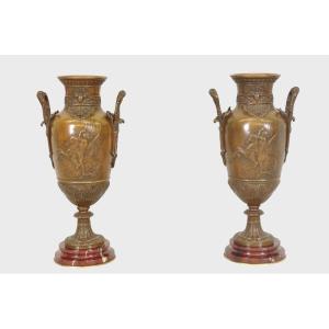 Pair Of Napoleon III Vases In Bronze Signed Léon Boucher