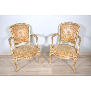 Louis XV Style Golden Wood Armchairs Petit Point