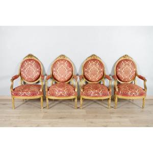 Four Armchairs Louis XVI Style Golden Wood