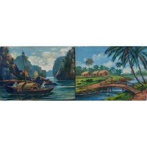 Pair Of Vietnamese Paintings Halong Bay Signs