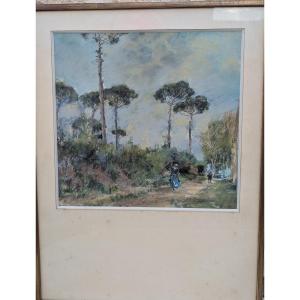 Pastel Giuseppe Casciero Walkers In The Forest