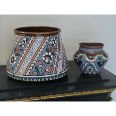 Pair Of Syrian Copper Basins Glazed Syria 19 è Siecle Orientalism