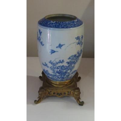 Vietnam Or China Porcelain Vase Gilt Bronze Foot
