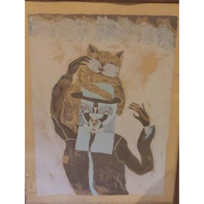 Surrealist Engraving Les Cats Signed