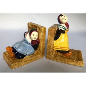 Pair Of Bookends With Little Girls By Charles Ravalec-mazet - Henriot Factory - Brittany