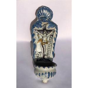 Holy Water Font With Christ On The Cross Surmounted By A Scallop Shell - Manu. Veuve La Hubaudière