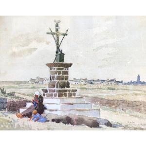 Mother And Child At The Foot Of The Roffiat Calvary - Marcel Jacquier - Brittany