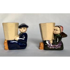 Pair Of Small Candlesticks With Children By Charles Maillard - Henriot - Bretagne