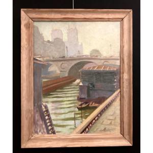 Oil On Canvas View Of Paris 